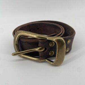 Jean Shop Leather Belt Mens L Brown Brass Buckle Distressed Scalloped Embossed